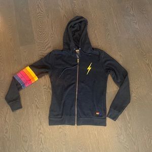 AVIATOR NATION Charcoal black 5 Stripe Sleeve Lightening Bolt Zip Up - Sz Small